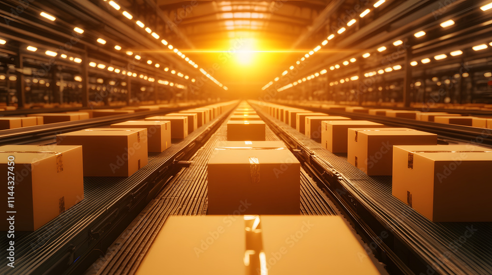Poster a sunlit warehouse filled with rows of cardboard boxes on conveyor belts, creating a vibrant and ind