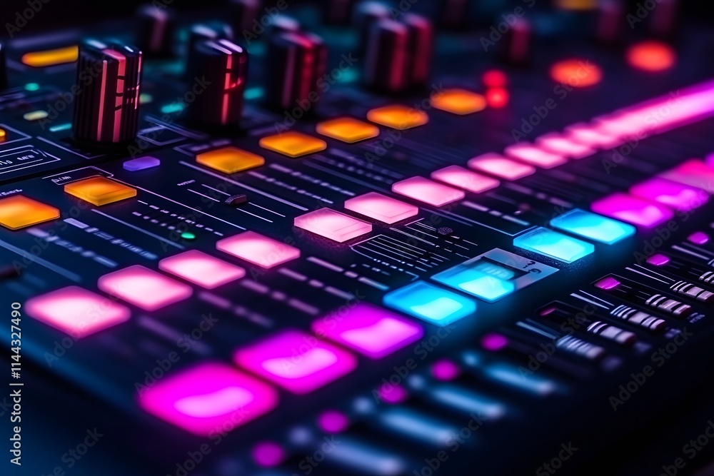 Poster close-up of a music production controller with illuminated buttons and knobs.