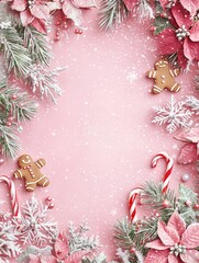 Whimsical Pink Christmas Frame Featuring Gingerbread Cookies and Festive Florals, Perfect for Holiday Celebrations and Seasonal Greetings
