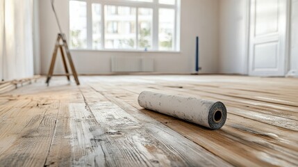 A partially primed wooden floor in a cozy room under renovation, with a roller lying next to the work in progress