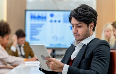 A man in a suit is sitting in a conference room looking at a tablet.