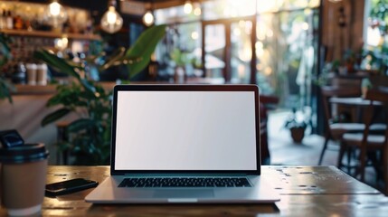 Laptop is open on a table in a cafe. The laptop is empty and the table is cluttered with a cell phone, a cup, and a potted plant. Concept of productivity and focus