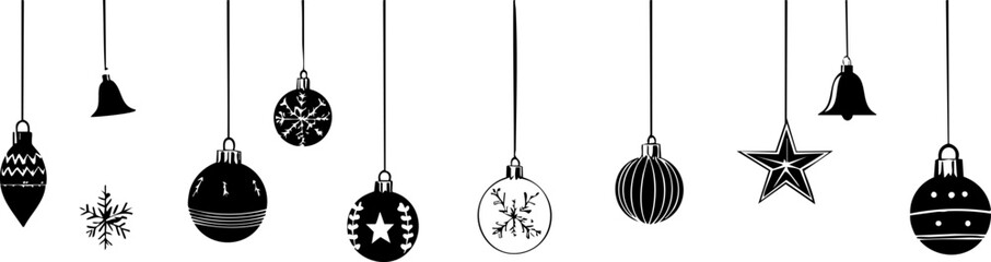 A collection of black and white Christmas ornaments including bells, stars, and snowflakes, perfect for holiday-themed designs.