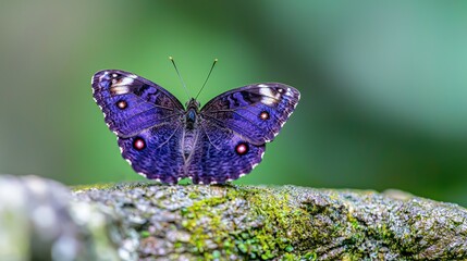 Fototapeta premium Purple butterfly perched on mossy rock.