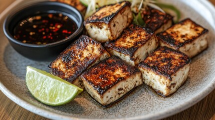 A plate of perfectly crispy tofu pieces with charred edges, paired with a fresh lime wedge and dipping sauce