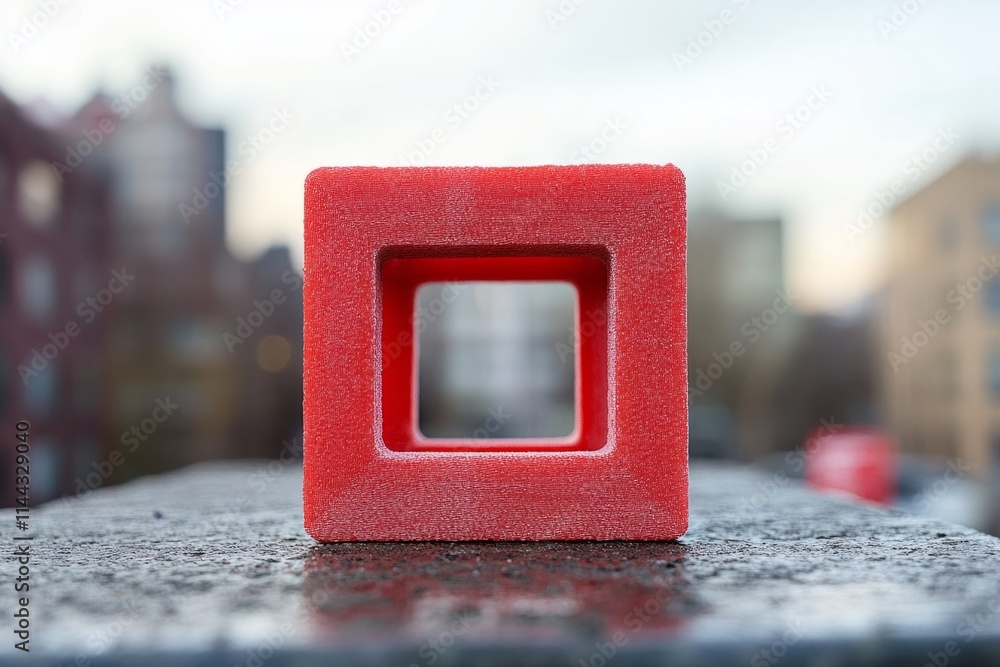 Poster red square concrete block standing on a wet surface with a blurred city in the background