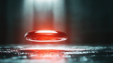 An intriguing circular glass disc hovers with a captivating glowing red core, creating an ethereal atmosphere of wonder and futuristic innovation.