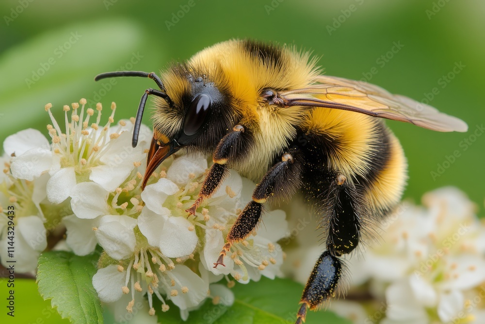 Poster macro image of a bumblebee collecting nectar and pollen from delicate white flowers, showcasing the 