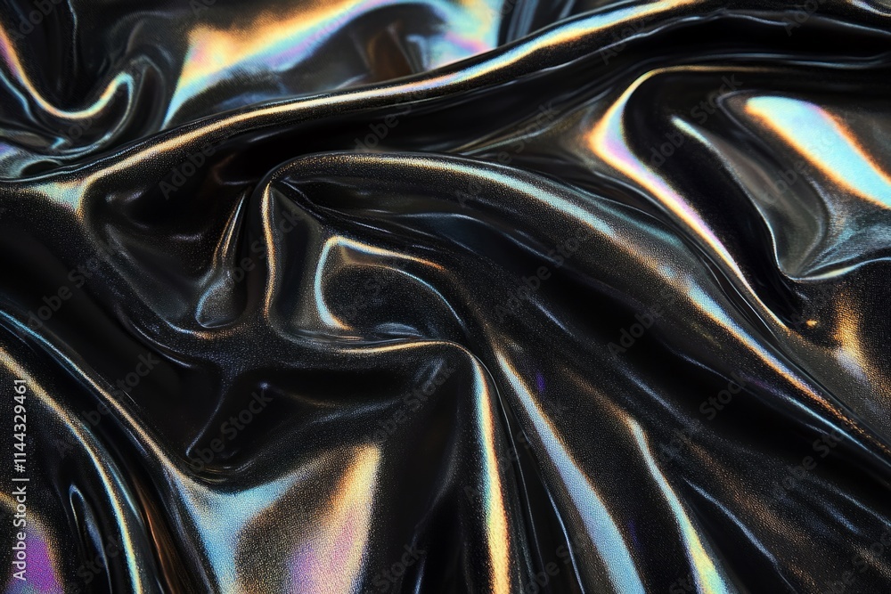 Poster shiny metallic black fabric reflecting rainbow colors creating abstract pattern