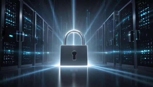 A metallic padlock illuminated in a high-tech server room, symbolizing data security and protection.