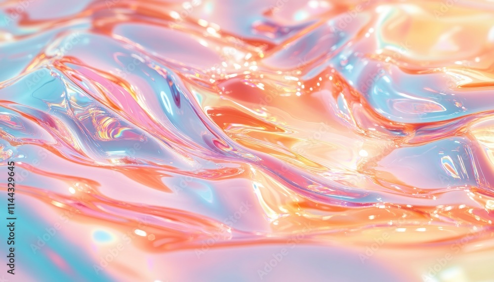 Poster abstract vibrant iridescent waves in motion with colorful rainbow reflections, presenting a fluid an
