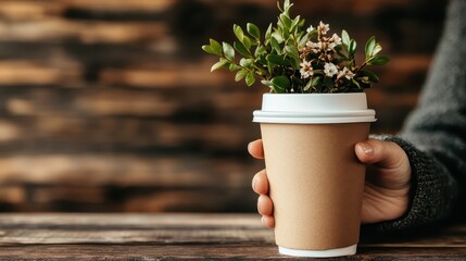 A hand gently holds a paper coffee cup repurposed as a planter, showcasing greenery and sustainability against a comforting rustic wooden backdrop.