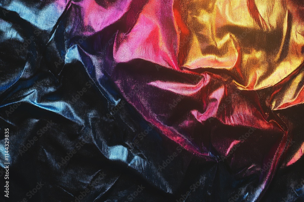Poster shiny metallic fabric in vibrant rainbow colors creating an abstract background with folds and wrink