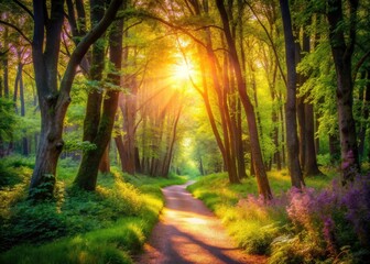 Naklejka premium Serene Forest Path: Dappled Sunlight Meditation Photography, Spiritual Nature Walk, Peaceful Woodscape