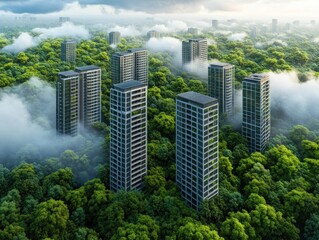 Obraz premium Discover an aerial view of a sustainable city seamlessly blending nature and technology, with wind and solar integration This captivating image showcases renewable power sources, symbolizing a vision