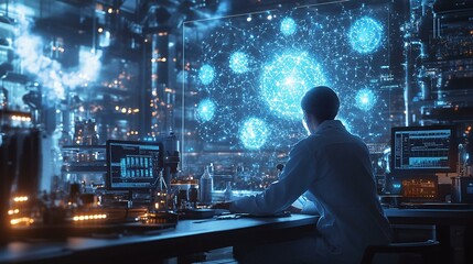 A futuristic laboratory setting with a scientist analyzing a holographic projection of molecular food structures, surrounded by advanced equipment and glowing digital interfaces. The scene emphasizes