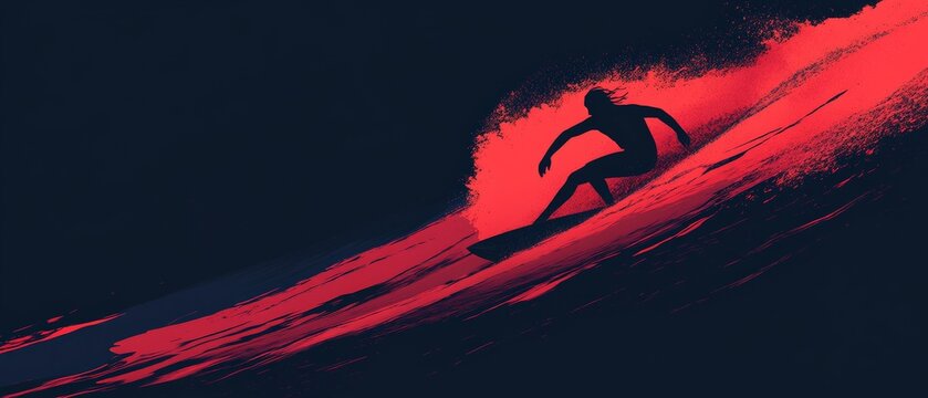 Dynamic Surfer Riding Ocean Waves at Sunset - Vibrant Red and Dark Background - Perfect for Sports and Adventure Themes