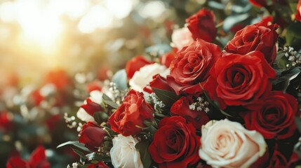 A vibrant close-up of blooming red and white roses captures attention, with the gentle sunlight enhancing their beauty and evoking emotions of love and passion.