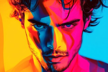 Male model posing with colorful and geometric lighting projected on his face