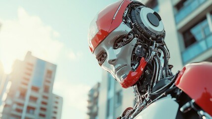 This red and silver robot with a reflective visor stands out amid urban high-rises, embodying themes of advanced robotics and modern technological aesthetics.