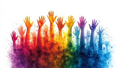 Vibrant and Colorful Silhouette of Raised Hands on an Artistic Background Representing Unity, Diversity, and Hope in a Creative Design for Social Causes