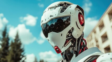 A white robotic entity with an intricate design and black visor contrasts with the blue sky and urban buildings, representing technological progress and innovation.