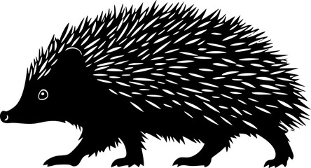 A black silhouette illustration of a hedgehog, showcasing its distinctive spines and cute, small body, ideal for nature-themed designs.