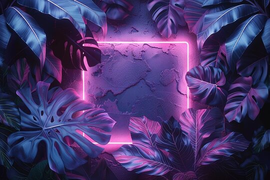 Moody purple and pink neon light illuminates lush tropical leaves.  A vibrant, surreal scene.