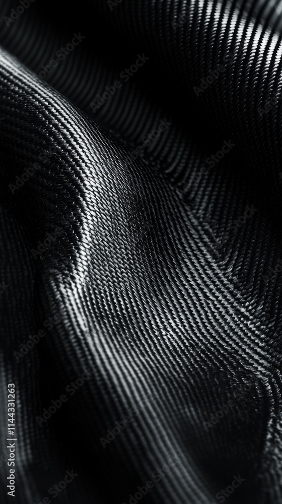 Poster close-up macro photograph of wavy black synthetic fiber cloth reflecting light, creating abstract pa