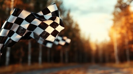 The image showcases flags fluttering along a picturesque autumn road, with the dreamy backdrop of a sunlit forest expressing peace and aspiration.