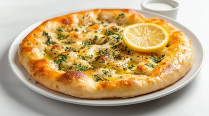 Freshly Baked Flatbread with Lemon and Herbs Served on a White Plate