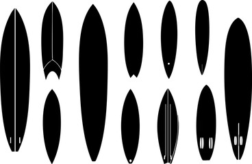 A collection of various surfboard silhouettes showcasing different shapes and sizes, ideal for surfing enthusiasts and design projects.
