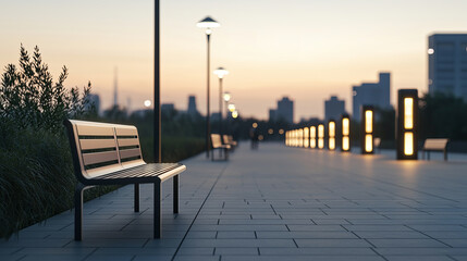 Modern pedestrian walkway with illuminated benches and smart lighting at sunset
