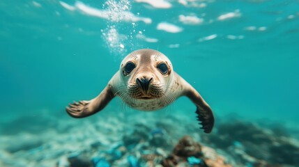Fototapeta premium A happy seal glides effortlessly through the clear blue ocean water, embodying freedom and the beauty of untouched marine environments beneath the waves.