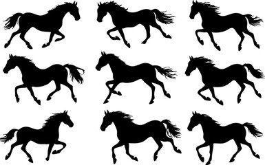 A collection of black silhouette horses in various running poses, showcasing elegance and dynamic movement, ideal for equestrian themes.