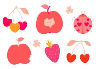 Set of cherry, strawberry, apple, ladybug berries stylized for Valentine's Day. Vector illustration on white background.