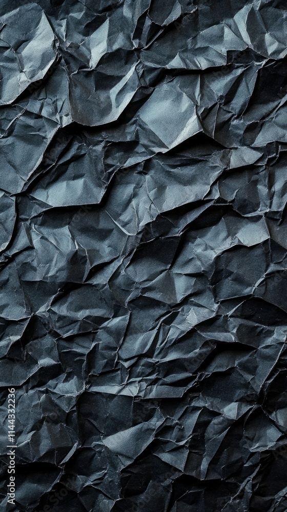 Poster crumpled black paper creates a textured and abstract background, suitable for various design purpose