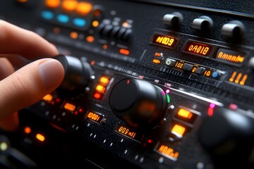 Close-up of a hand adjusting knobs on a control panel with glowing lights and digital displays.