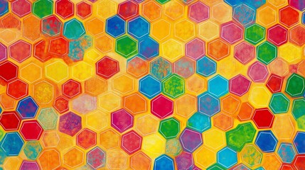 Colorful hexagonal pattern with vibrant hues and playful design.