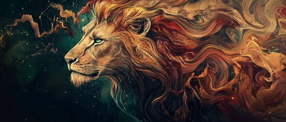 Majestic Lion Portrait: Vibrant and Colorful Artistic Representation of a Lion with Flowing Mane and Mystical Background, Ideal for Nature and Wildlife Themes