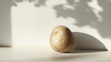 A single organic potato positioned in focus on a white background, with soft shadows adding depth