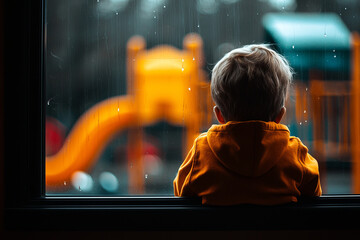 child in yellow hoodie gazes thoughtfully through rainy window at playground