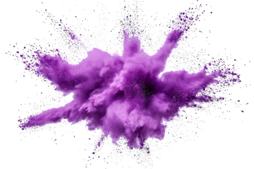 A vibrant purple powder explosion against a white and transparent background