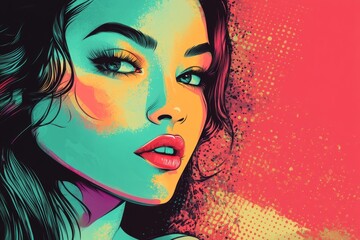 Fototapeta premium Close-up portrait of a beautiful woman with colorful makeup, posing against a vibrant grunge background, creating a striking contrast