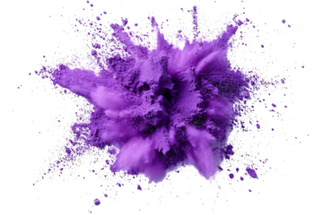 A vibrant purple powder explosion against a white and transparent background