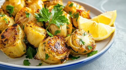 Grilled Onions with Fresh Herbs and Lemon on Plate for Delicious Side Dish