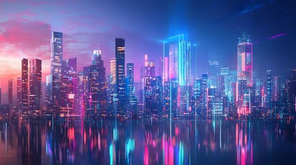This sentence uses a combination of the provided keywords to effectively describe a city skyline at night, likely capturing the vibrant and dynamic atmosphere of a modern metropolis like Hong Kong