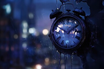 A frozen alarm clock melts against a blurry city nightscape, symbolizing time's fleeting nature.