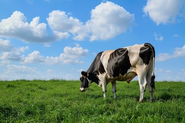 Curious cow grazing peacefully in a lush green pasture under a blue sky