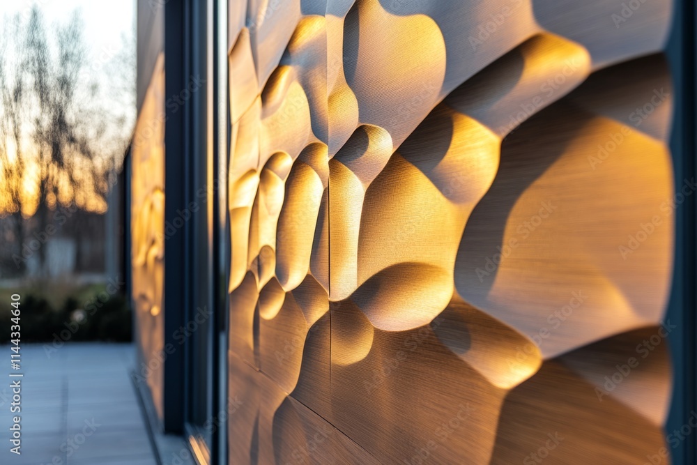 Poster wooden wall panel with a three-dimensional pattern creating a stunning visual effect during golden h